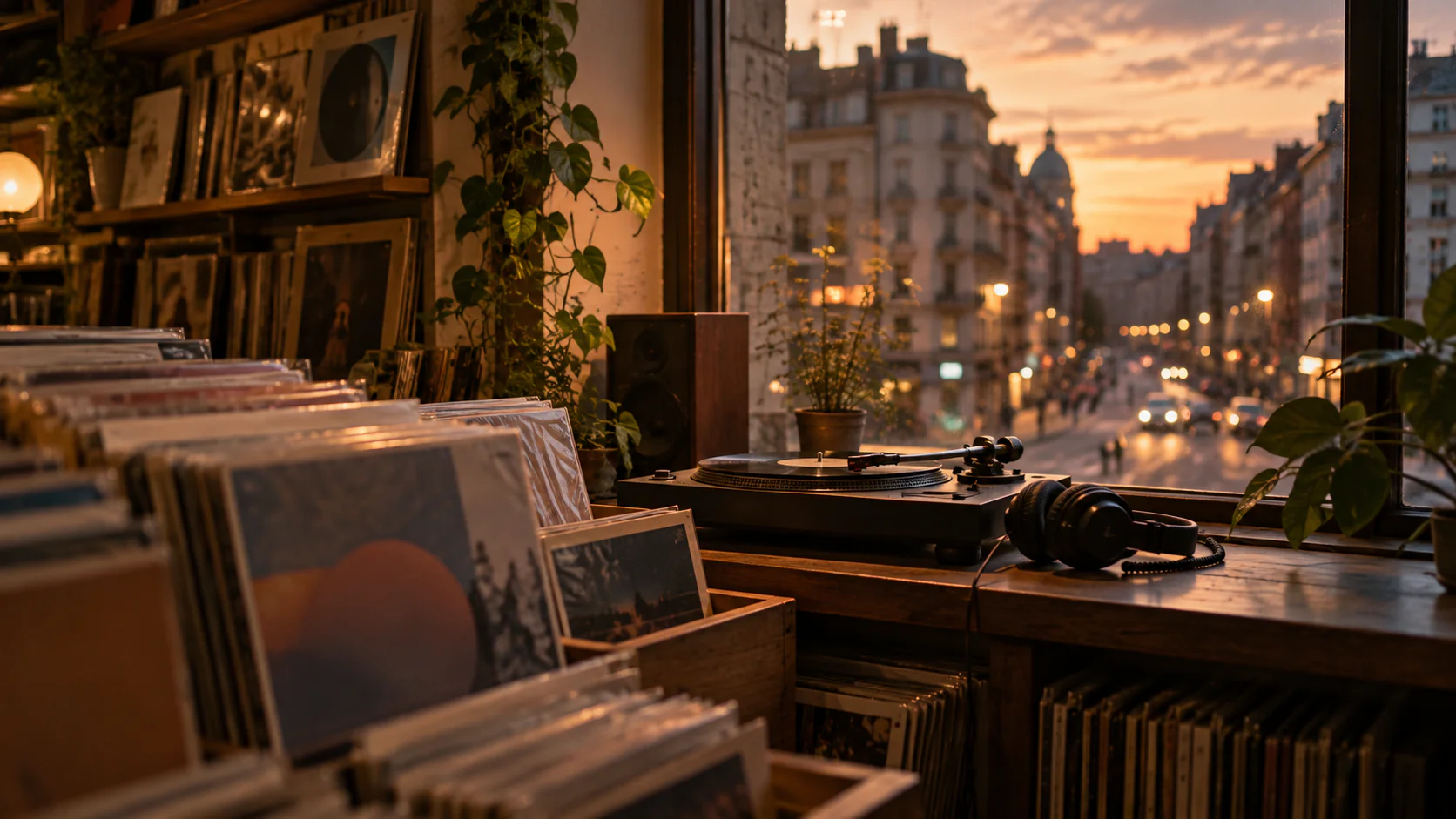 夕暮れの街を望むレコード店の棚とターンテーブル（AI生成のイメージ）