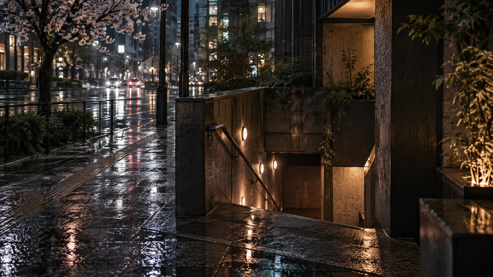 雨に濡れた夜の街路と地下へ降りる階段（AI生成のイメージ）