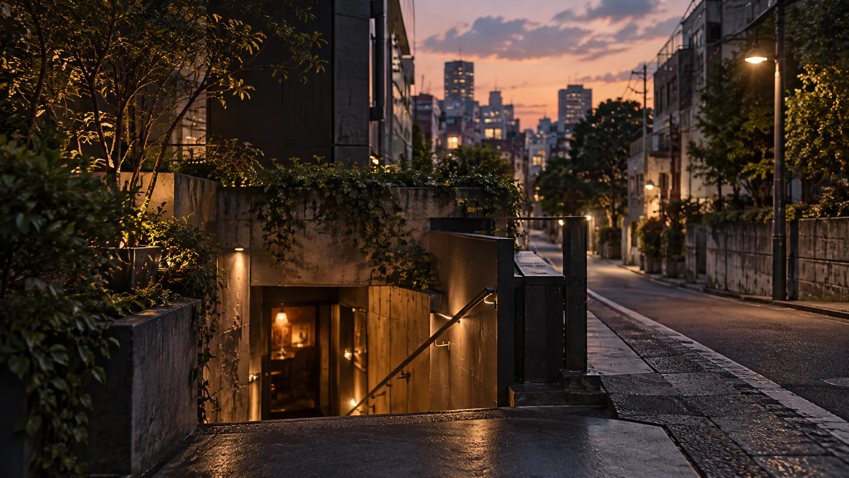 夕暮れの街路と明かりのともる地下入口(AI生成のイメージ)