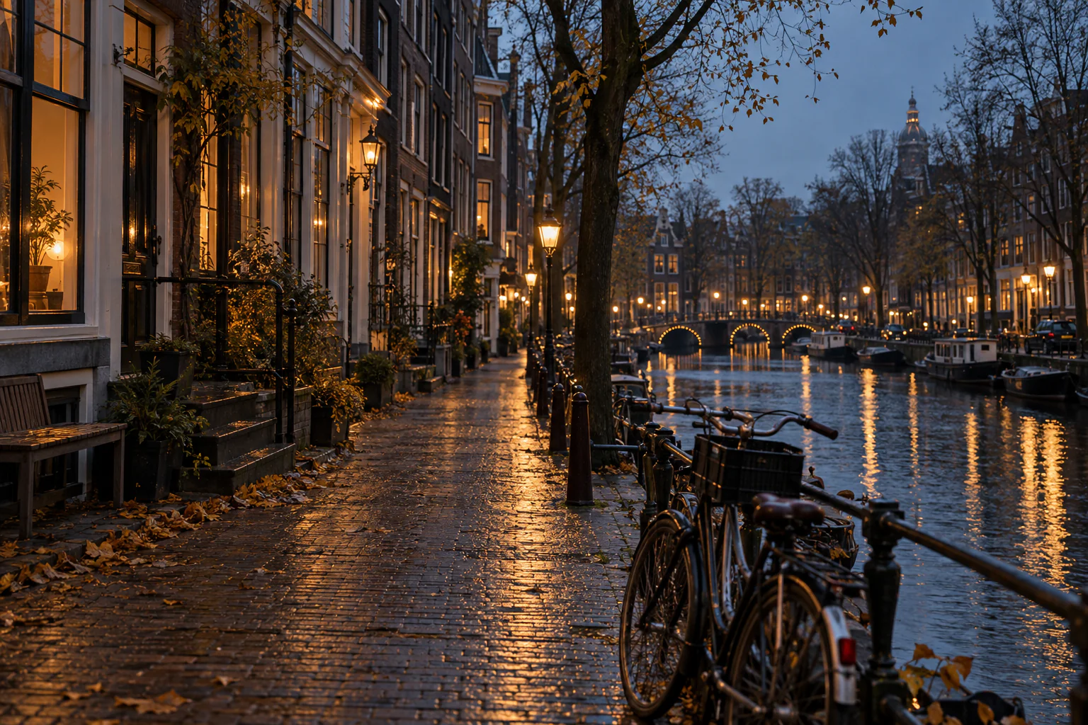 Amsterdamを想起する運河沿いの秋の夕暮れ、自転車と濡れた石畳(AI生成のイメージ)