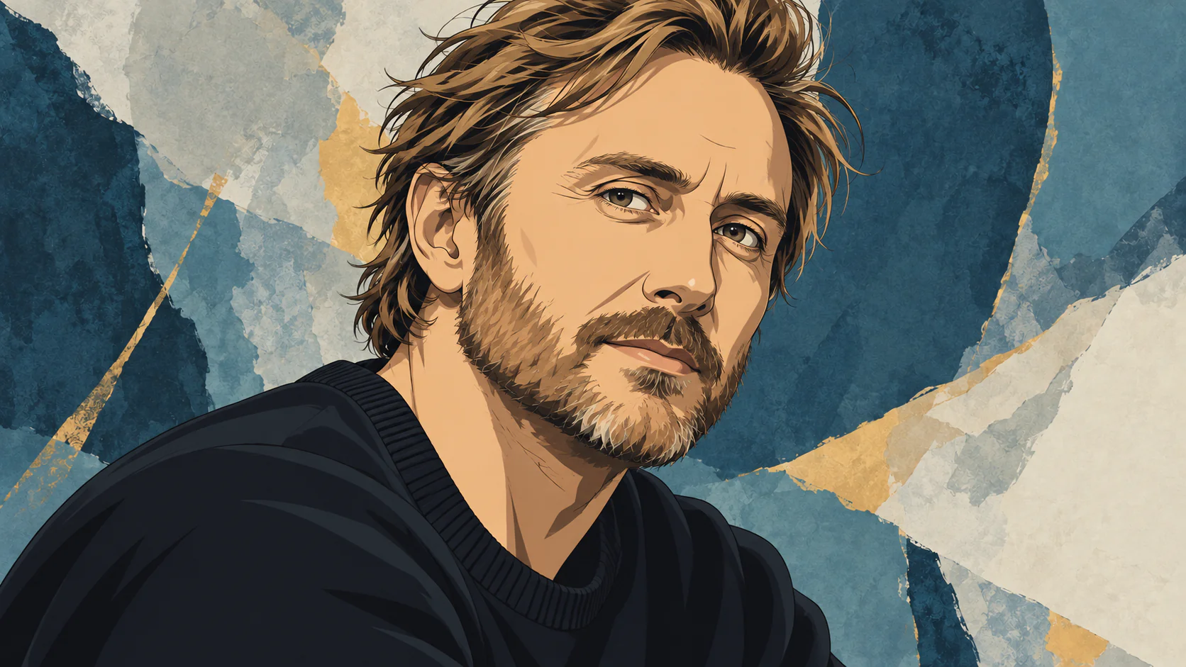 David Guetta(Jack Back)をイメージした、文字のないAI生成アニメ肖像。青灰色とアイボリーの抽象背景