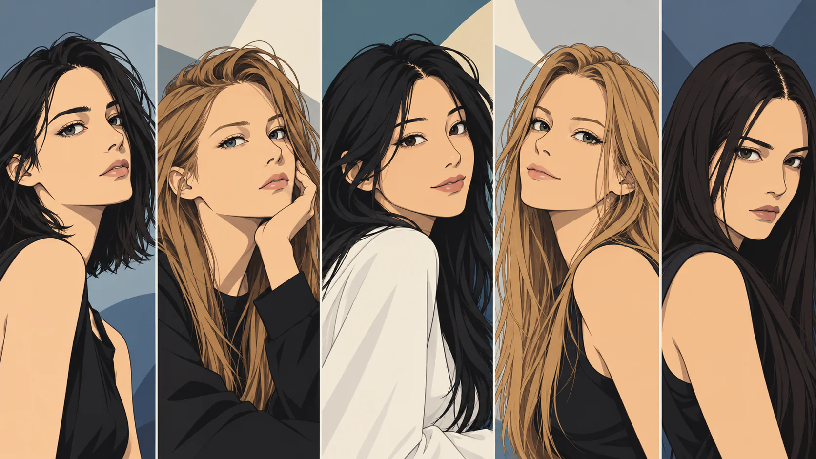 Amelie Lens、Charlotte de Witte、Peggy Gou、Nora En Pure、ANNAをイメージした、文字のないAI生成アニメ肖像。青灰色とアイボリーの抽象背景