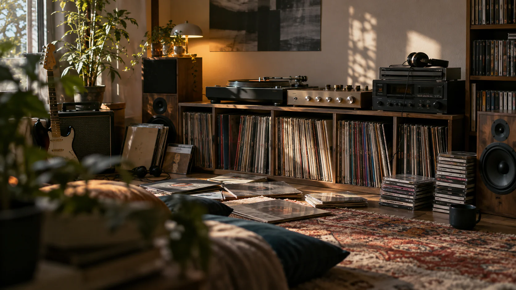レコード棚とオーディオ機器のある部屋(AI生成のイメージ)